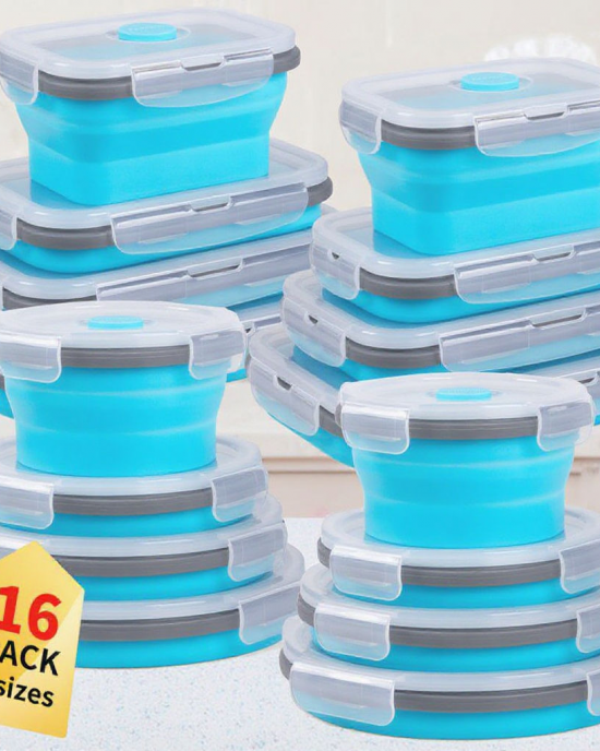 16-Pack Foldable Silicone Lunch Containers Collapsible Bowls Set Microwave Freezer Dishwasher Safe Blue Food Storage Box 16-Pack Foldable Silicone Lunch Containers Collapsible Bowls Set Microwave Freezer Dishwasher Safe Blue Food Storage Box