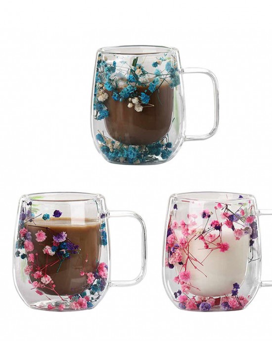 Double Walled Glass Mug Dried Flowers Coffee Mugs 350ml Aesthetic Thermal Insulated Tea Cups With Handle for Hot Cold Drinks Double Walled Glass Mug Dried Flowers Coffee Mugs 350ml Aesthetic Thermal Insulated Tea Cups With Handle for Hot Cold Drinks