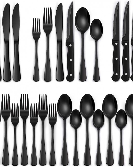 24-Piece Black Silverware Set Steak Knives Tableware Cutlery 4 Food-Grade Stainless Steel Utensils Mirror Finished Flatware Home 24-Piece Black Silverware Set Steak Knives Tableware Cutlery 4 Food-Grade Stainless Steel Utensils Mirror Finished Flatware Home