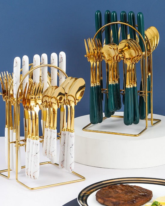Custom Gift Box Handle Knife Fork and Spoon Nordic Style Western-style Tableware Golden Cutlery Flatware Sets 24-PCS Ceramic Custom Gift Box Handle Knife Fork and Spoon Nordic Style Western-style Tableware Golden Cutlery Flatware Sets 24-PCS Ceramic